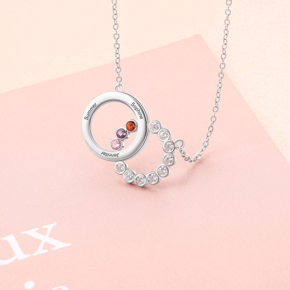 Personalized Name Interlocking Circle Pendants Custom 3 Birthstones Necklaces