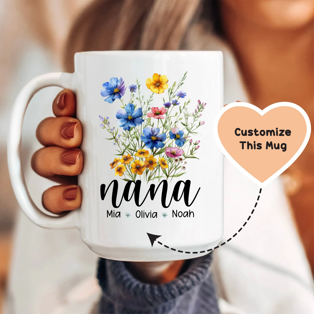 Personalized Grandma Wildflower Ceramic Mug – Custom Grandkids Nana Cup