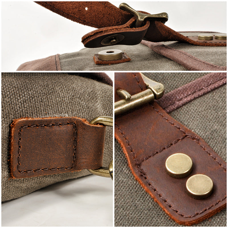 Mens Waxed Canvas Messenger Bag Full Grain Leather With Canvas Shoulder Bag Crossbody Bag Gift For Him MC6070