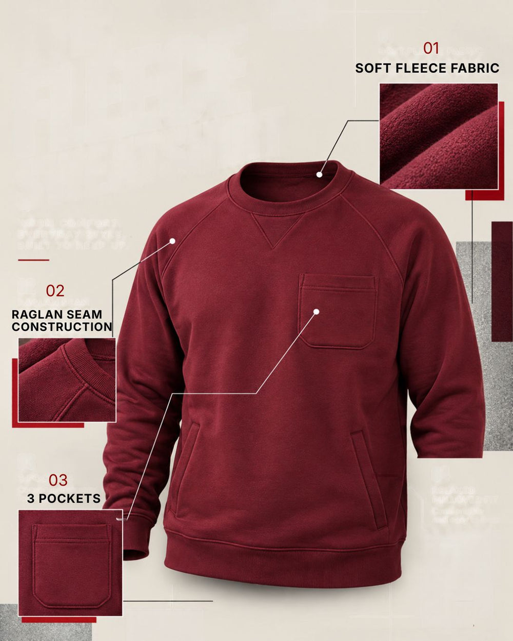 Men's 3-Pocket Fleece Sweatshirt with Raglan Seams