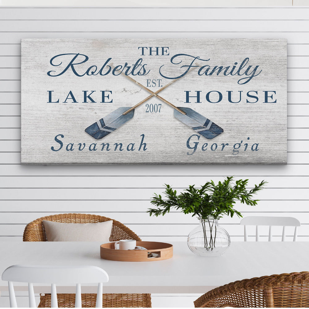 Personalizable Lake - Beach House Family Name Canvas Sign