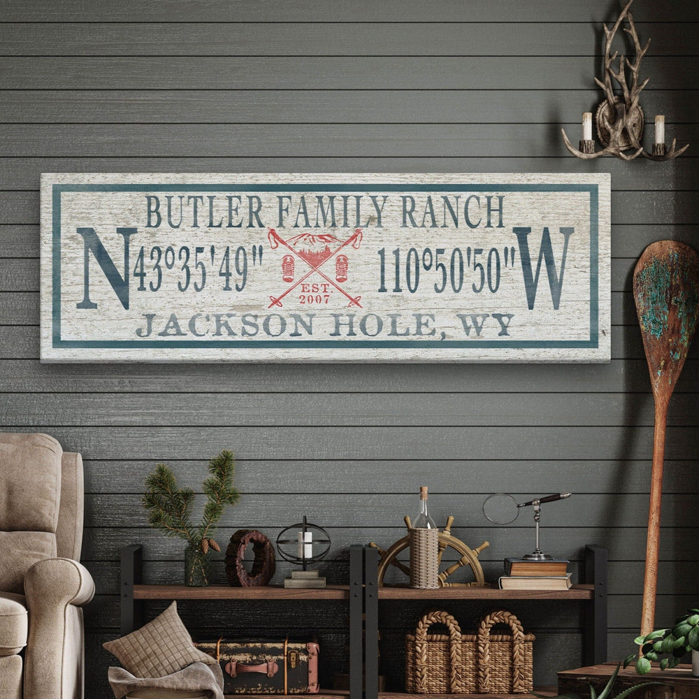 Personalized Coordinates Canvas Ski Lodge Sign - Family Name Cabin Decor