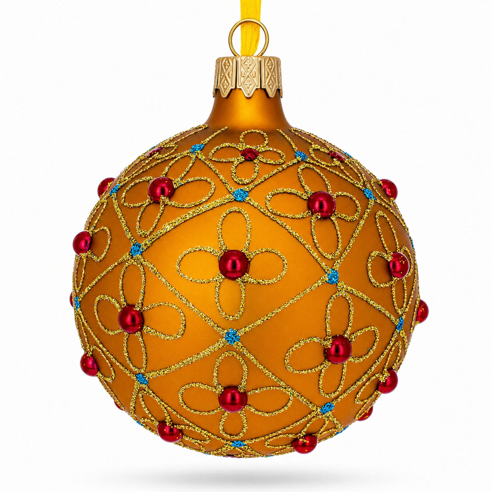 Jeweled Crosses on Gold Glass Ball Christmas Ornament 3.25 Inches